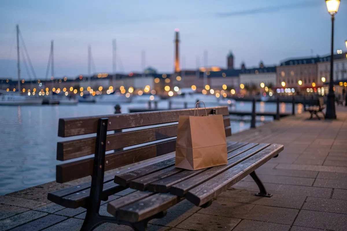 A bench and a paper bag on a waterfront promenade at dusk