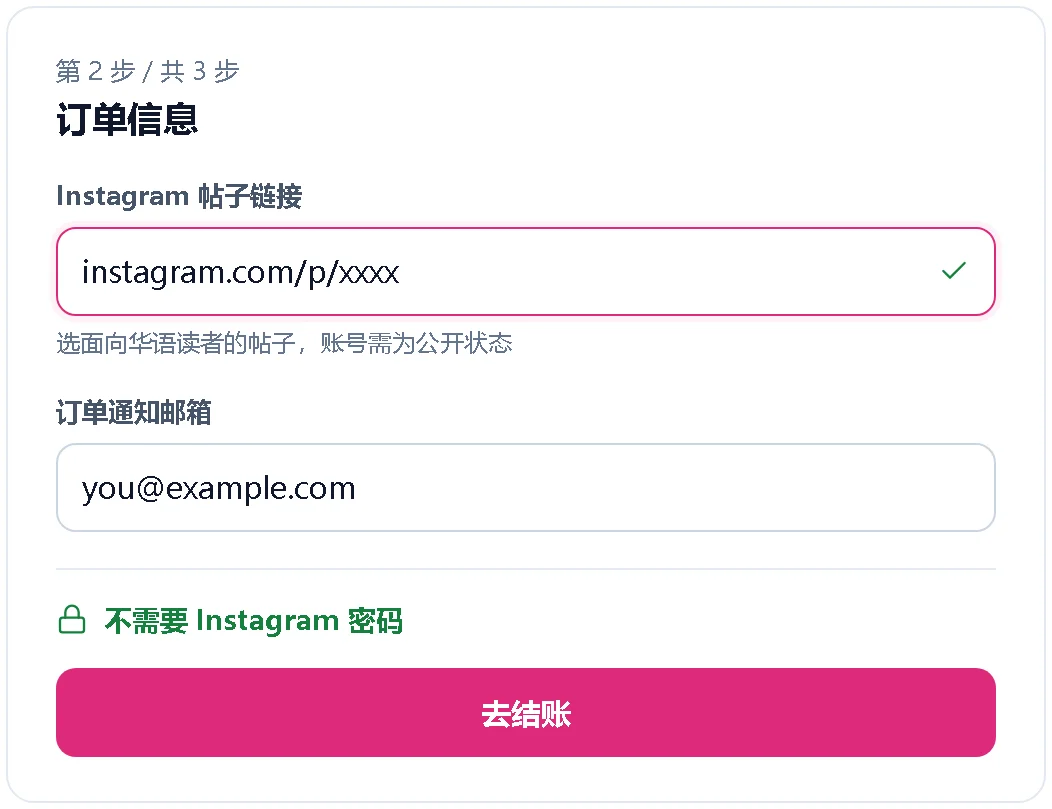 只需填写帖子链接和邮箱的下单表单示意图