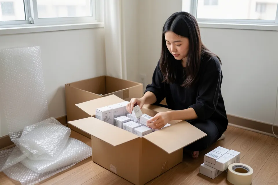 A shop owner packing cosmetics for shipping at home