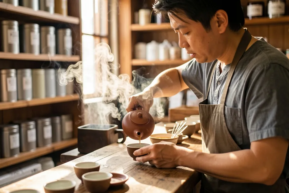 A tea shop owner pouring tea at a wooden counter