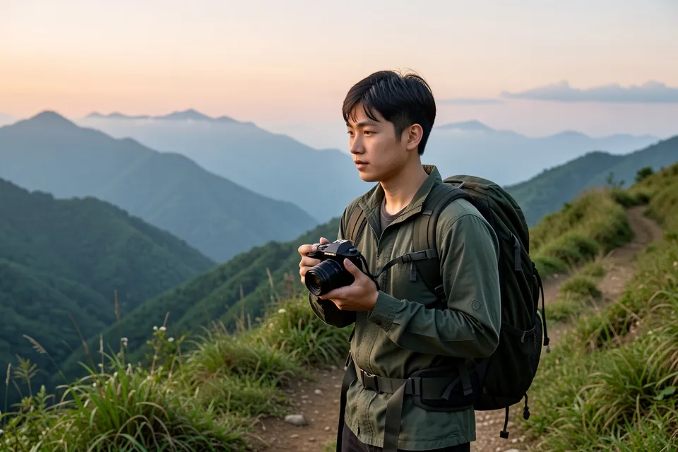A young traveller with a camera on a mountain trail
