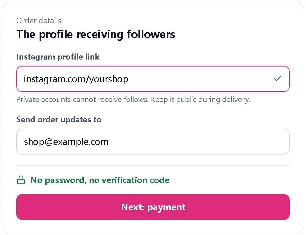 Illustration of an order form asking for an Instagram profile link and an email