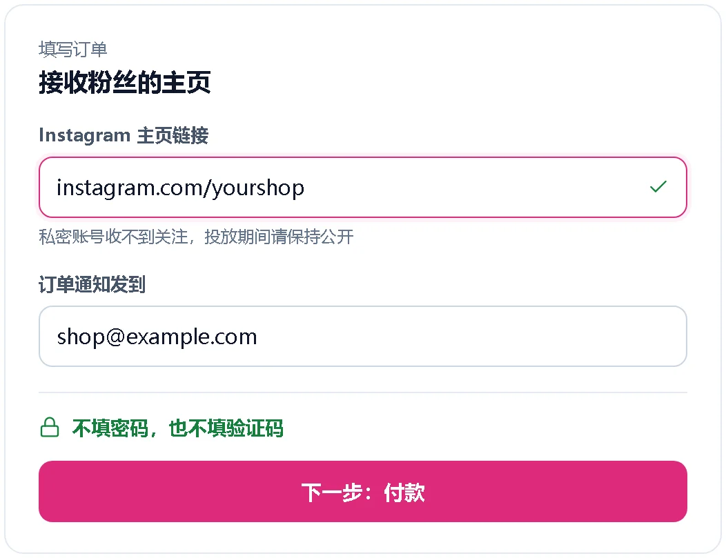 填写 Instagram 主页链接和邮箱的下单示意图