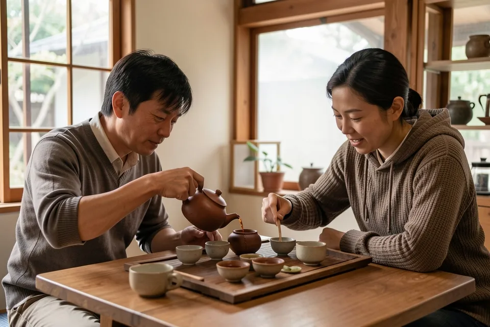 在茶馆品茶的两个人