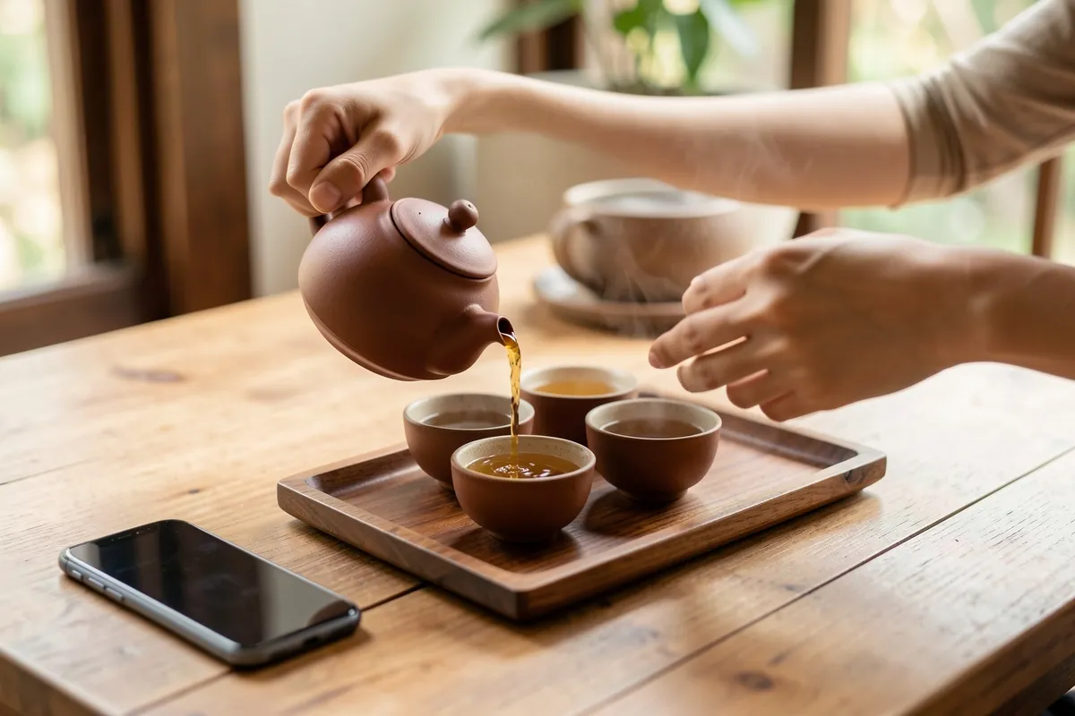 Hands pouring tea at a tea table, a phone face down beside the tray