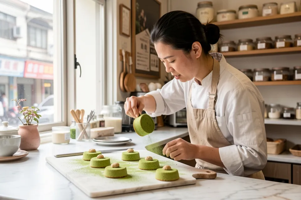 A pastry chef dusting matcha over small cakes