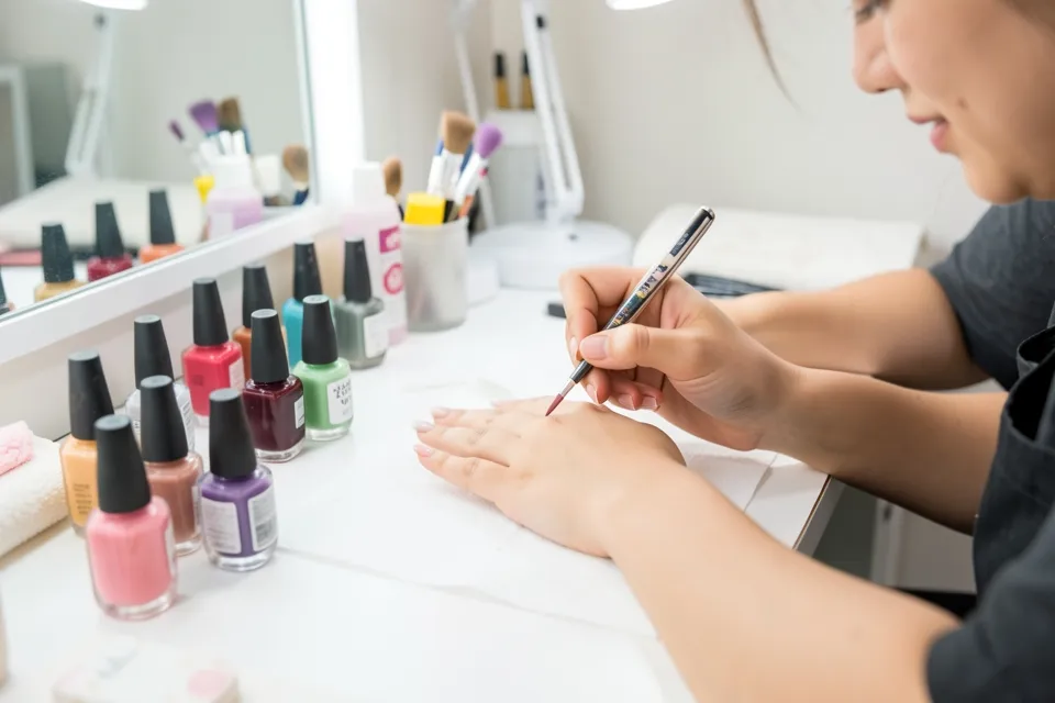 A nail artist painting a client's nails