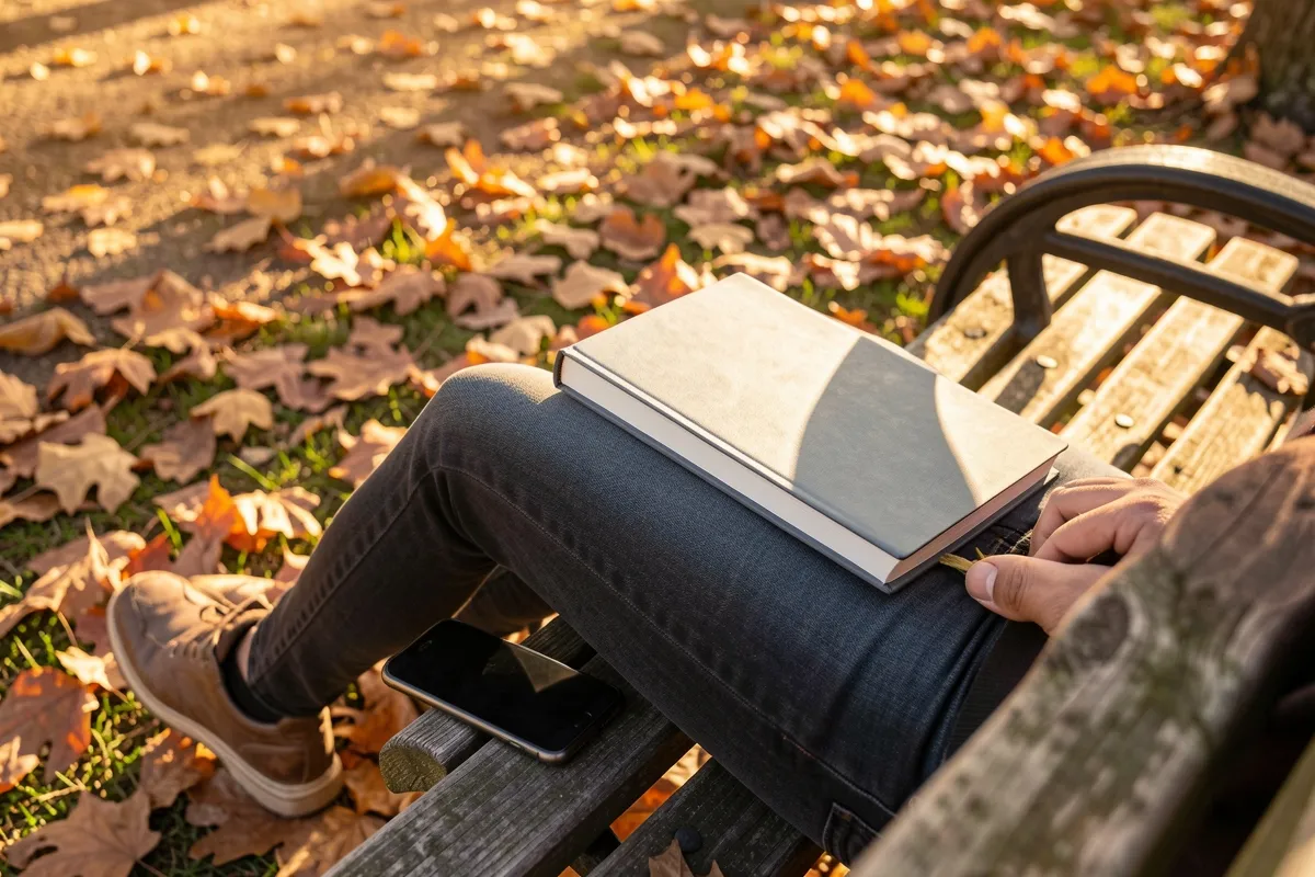 A person resting on a park bench with a phone beside them