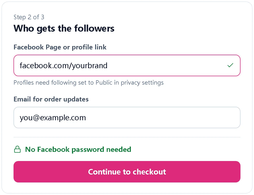 Illustration of an order form asking only for a Facebook Page or profile link and an email