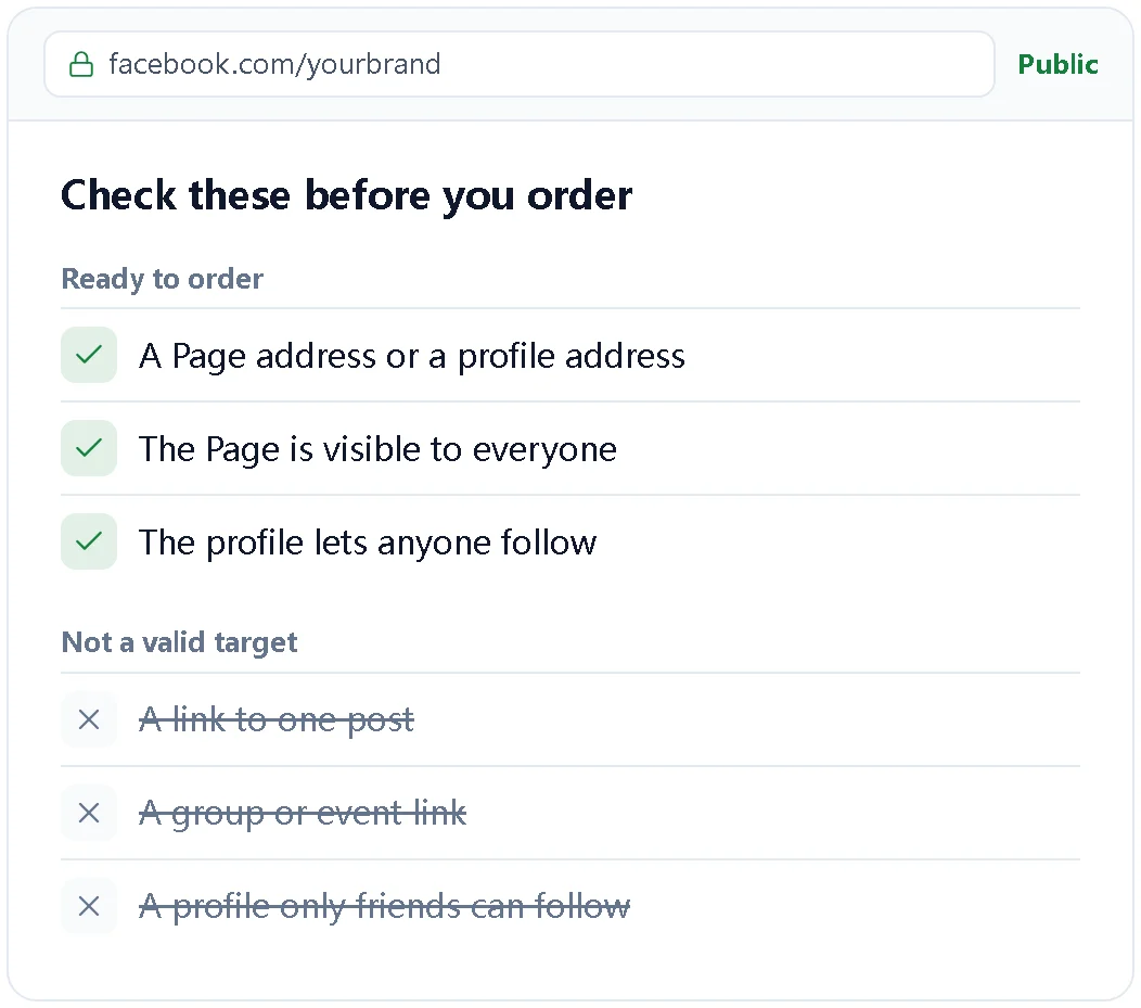Illustration of a checklist for the Facebook link before ordering