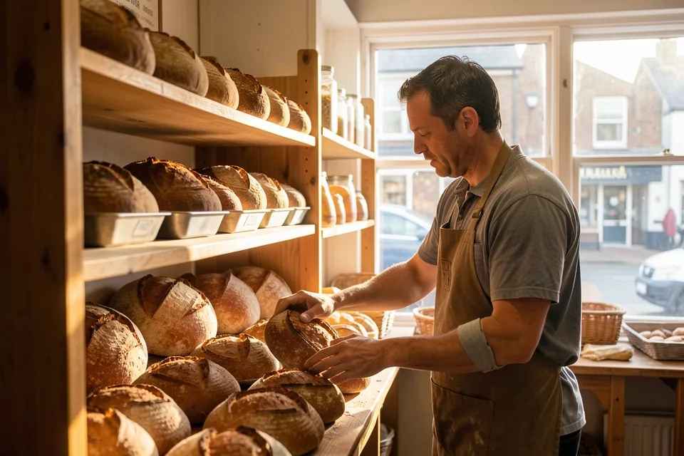 A baker arranging fresh bread on bakery shelves