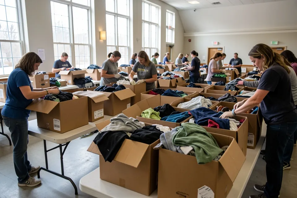 Volunteers sorting donations in a community hall