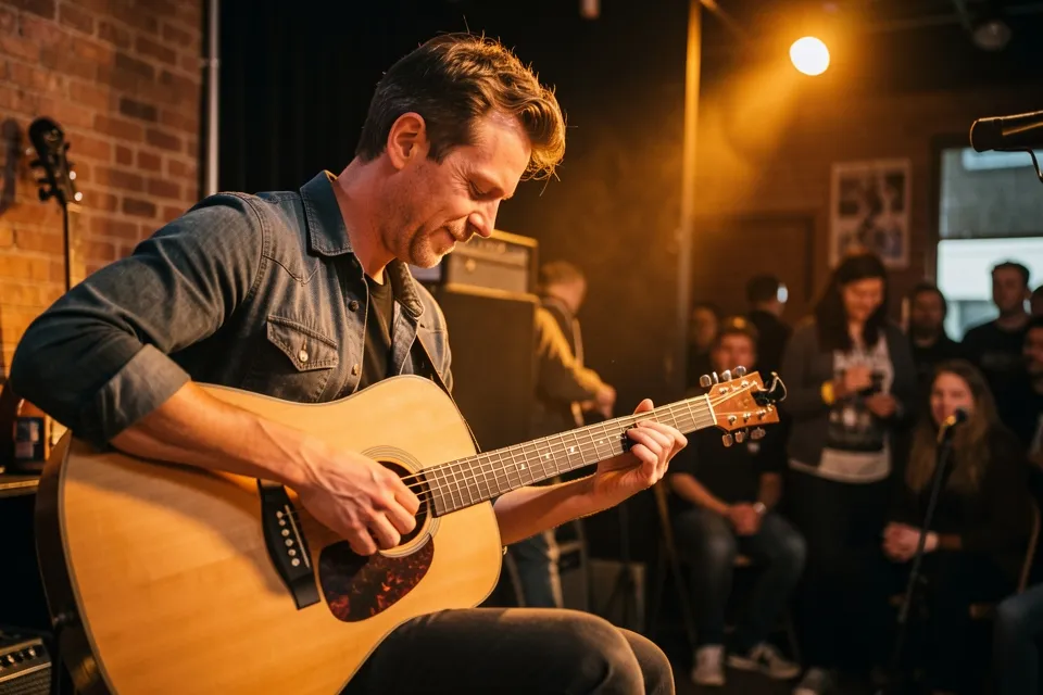 A musician tuning a guitar backstage