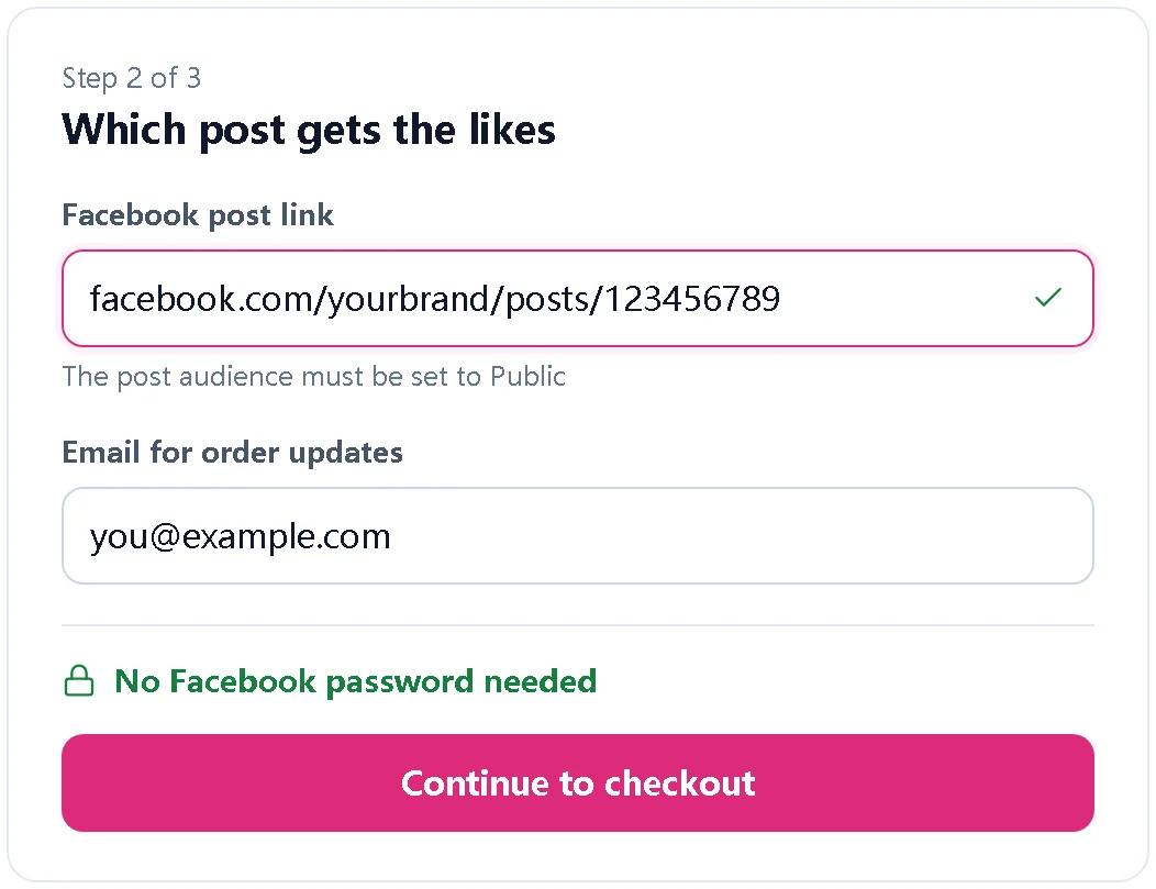 Illustration of an order form asking only for a Facebook post link and an email