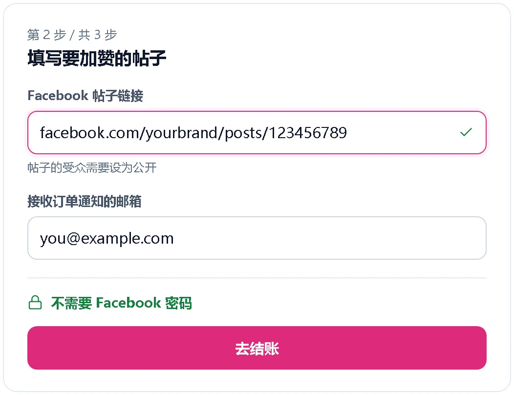 只需填写 Facebook 帖子链接和邮箱的下单表单示意图