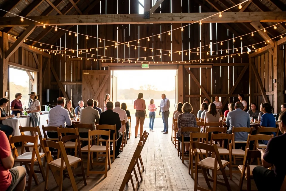 An event organizer setting up lights and chairs in a barn venue