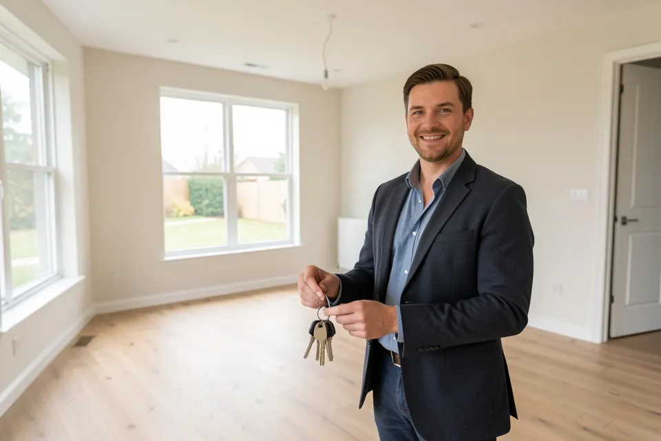A real estate agent holding keys in an empty living room