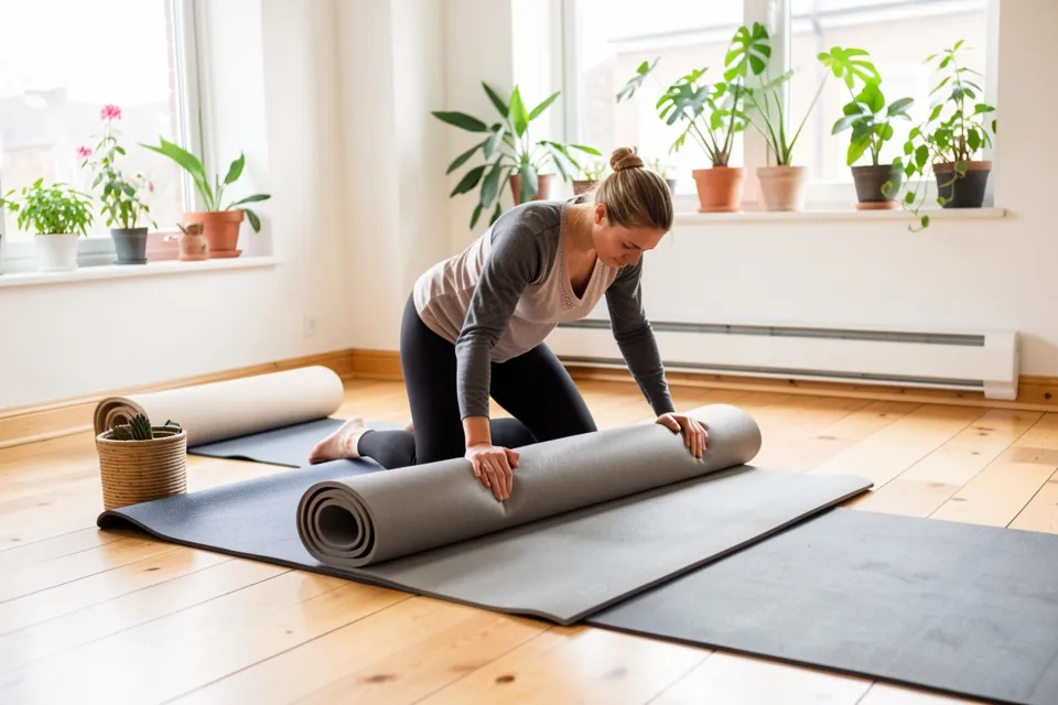 A yoga instructor rolling up mats after class
