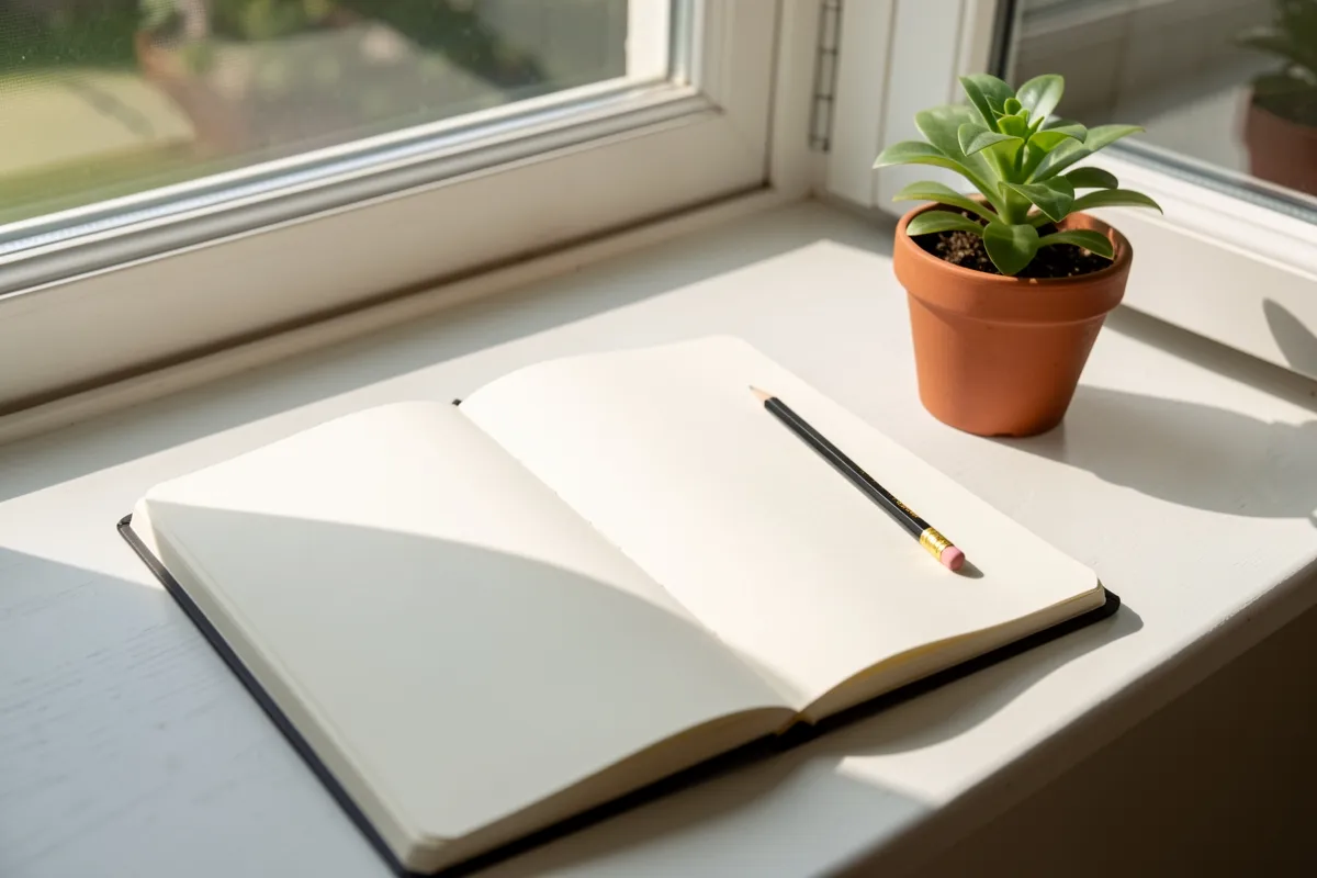 A blank notebook beside a potted plant on a windowsill