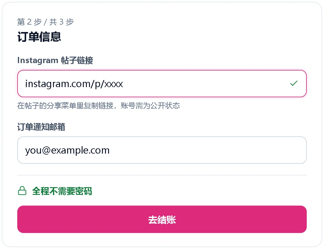 只填帖子链接和邮箱的下单表单示意图