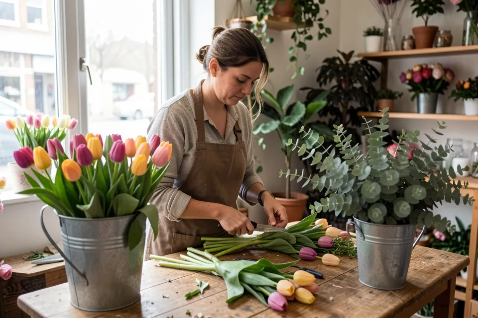 A florist trimming stems at a workbench