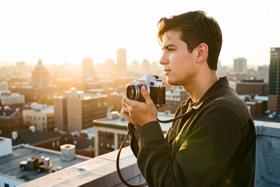 A young man with a film camera on a rooftop