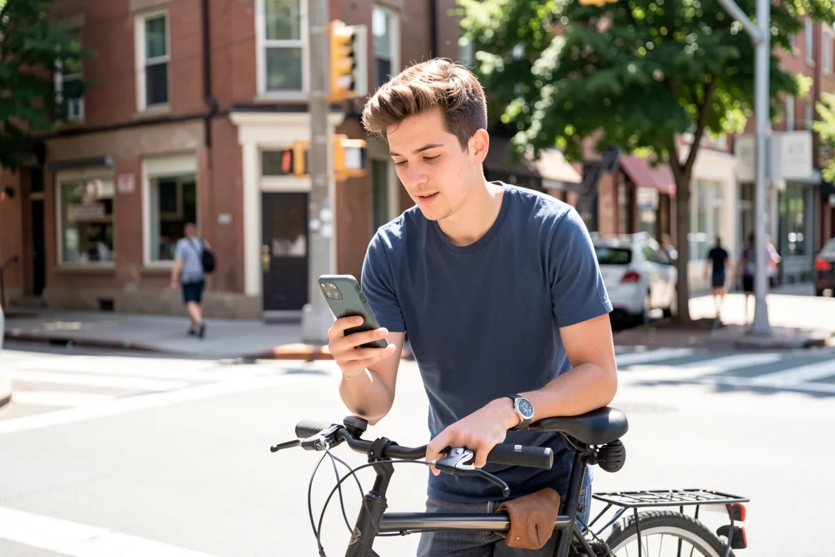 A young man with a bicycle on a sunny street corner