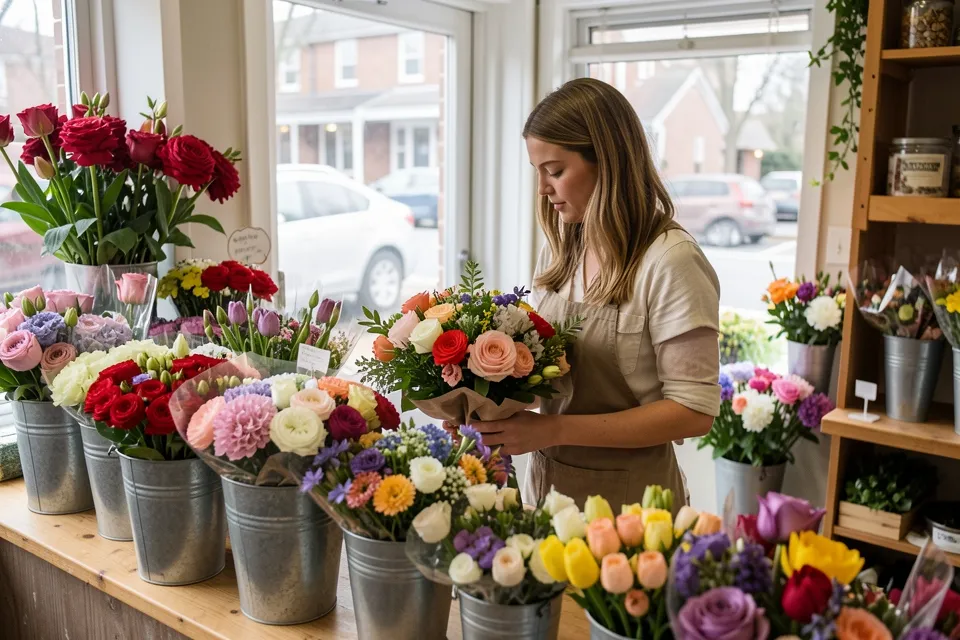 A florist arranging a bouquet at a shop counter