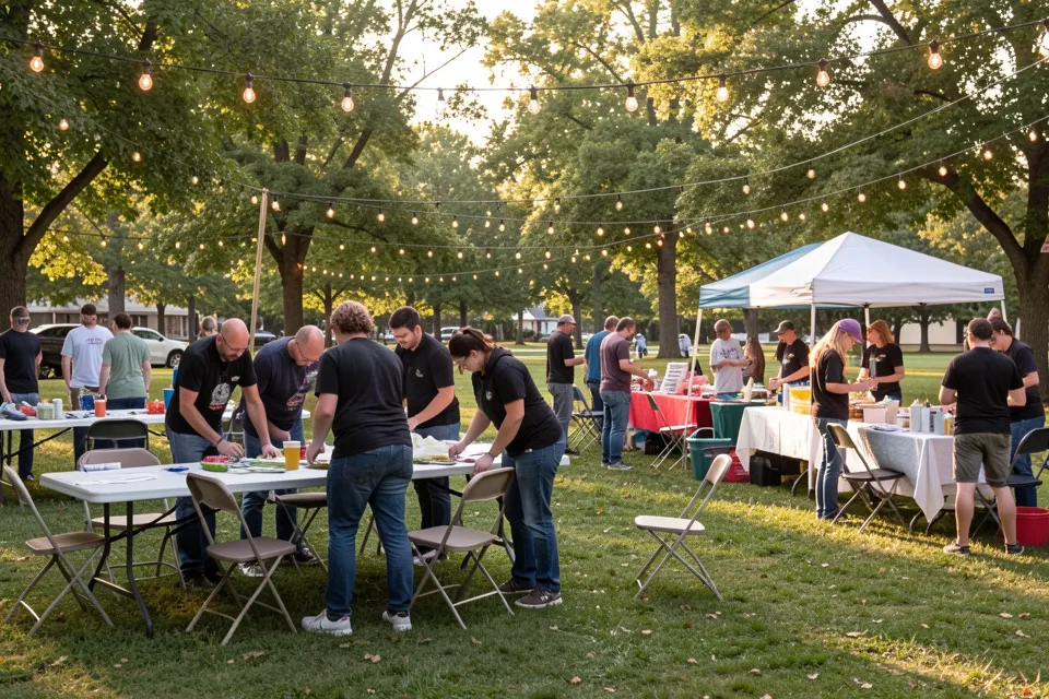 Volunteers setting up tables for a market in a park
