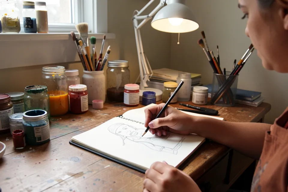 An illustrator sketching at a desk