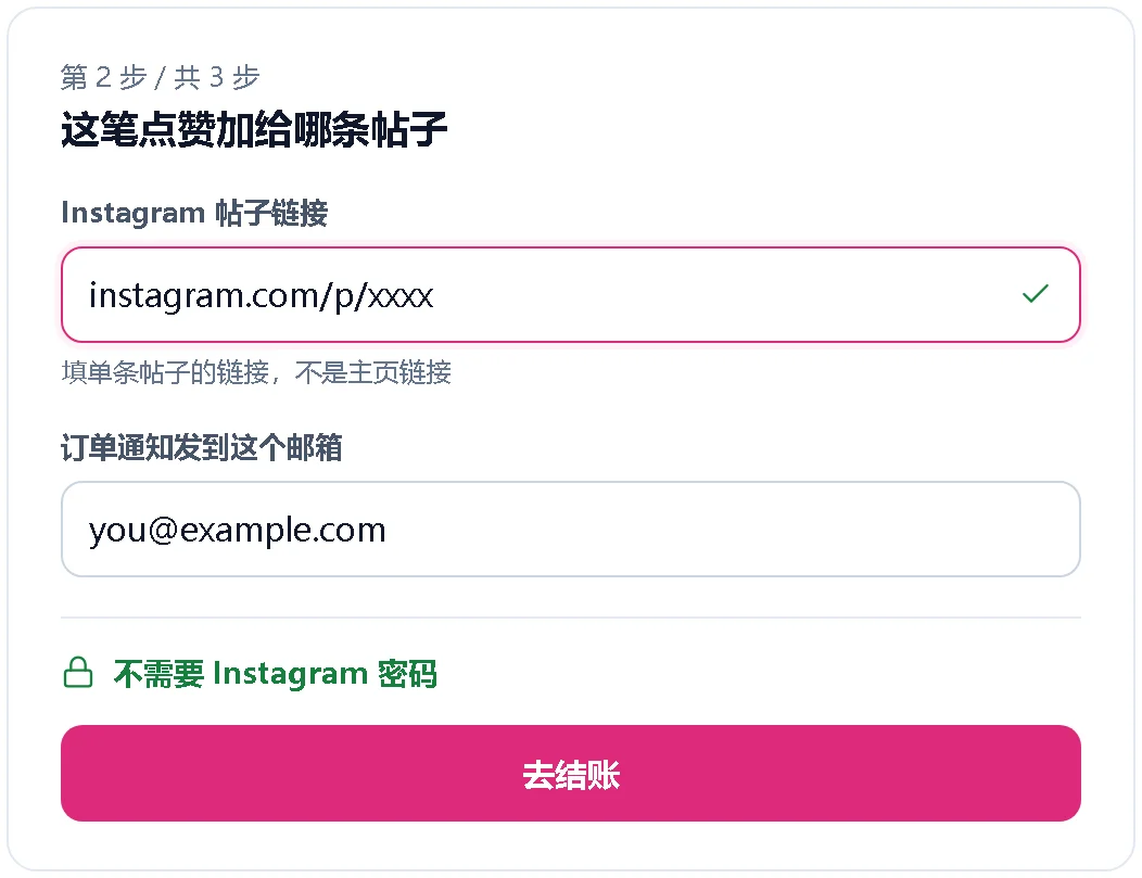 只需填写帖子链接和邮箱的下单表单示意图