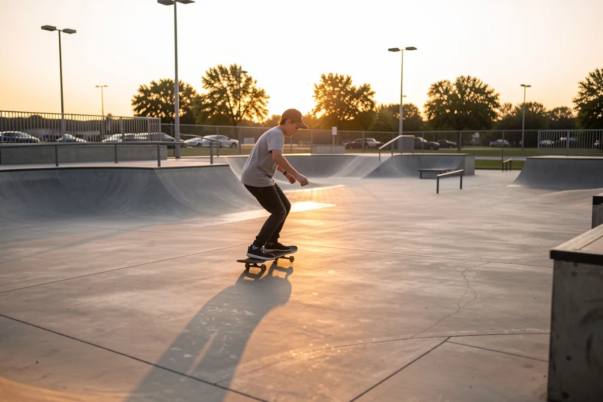 A young skateboarder riding in an empty skatepark at sunset