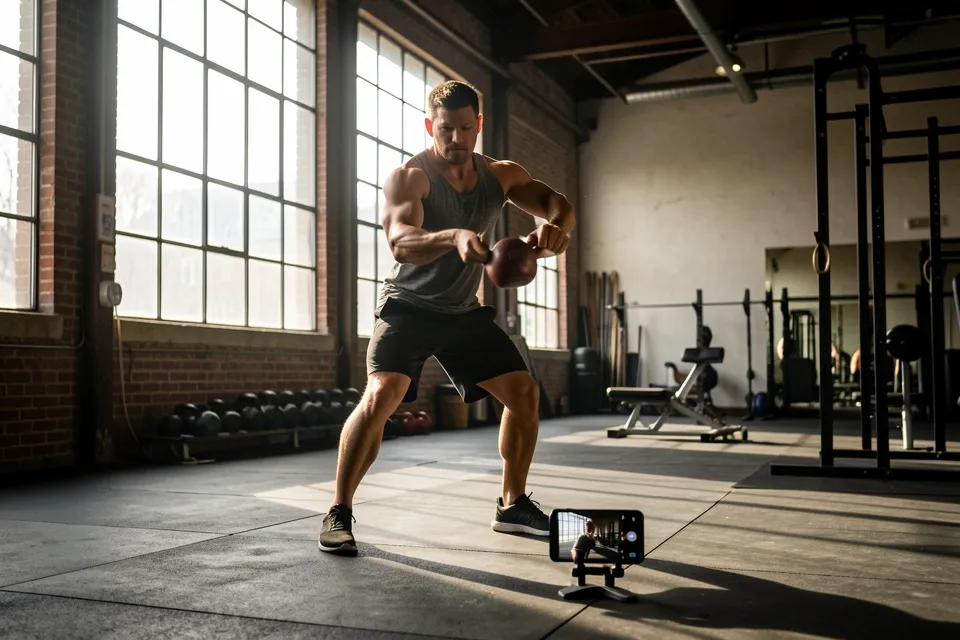 A fitness coach recording an exercise demo in a gym