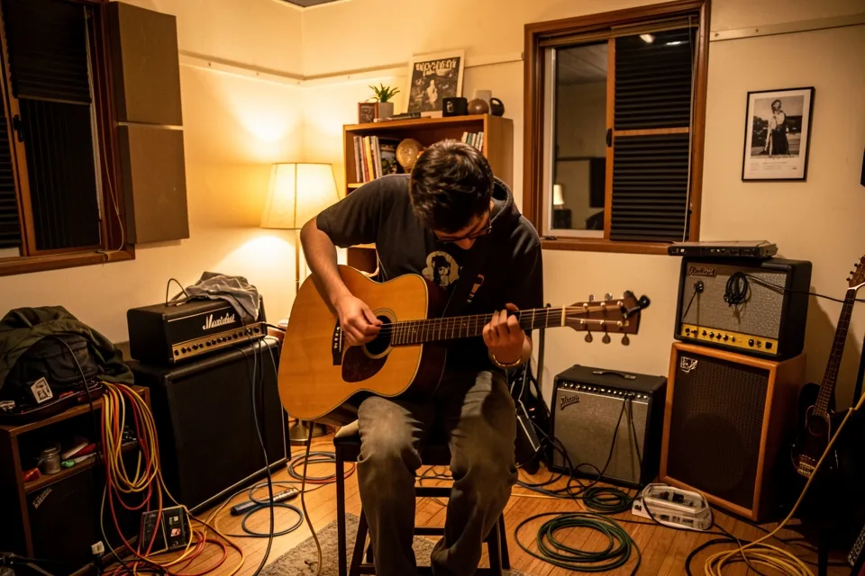 A musician playing guitar in a rehearsal room