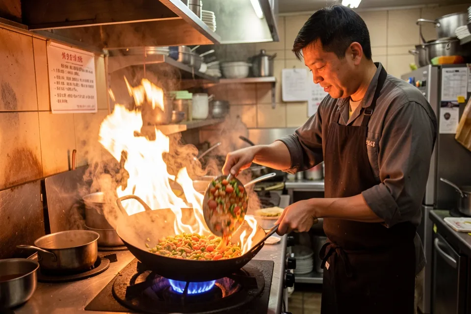 A cook tossing a wok in a restaurant kitchen
