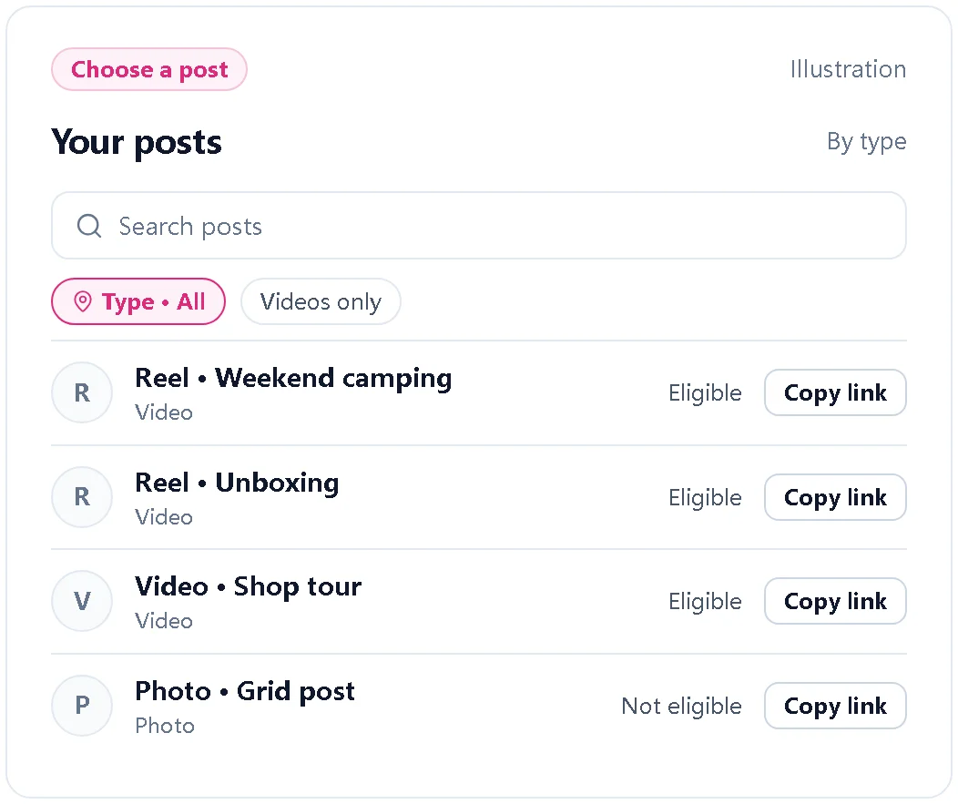 Illustration of a profile where only video posts can be ordered for
