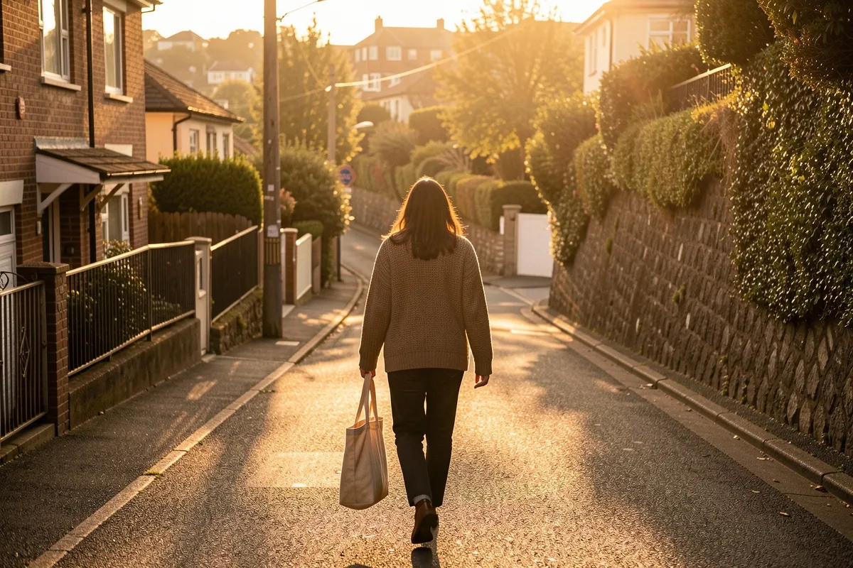 A person walking up a residential alley at golden hour