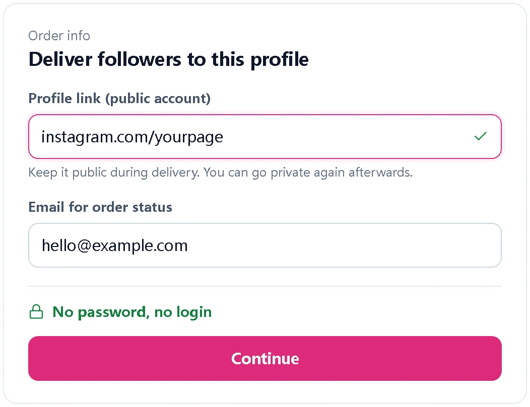 Illustration of a Korean follower order form asking for a profile link and an email