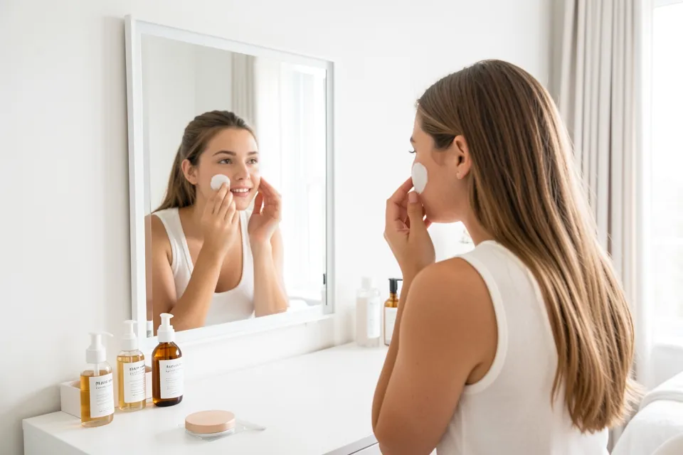A woman applying skincare at a vanity mirror