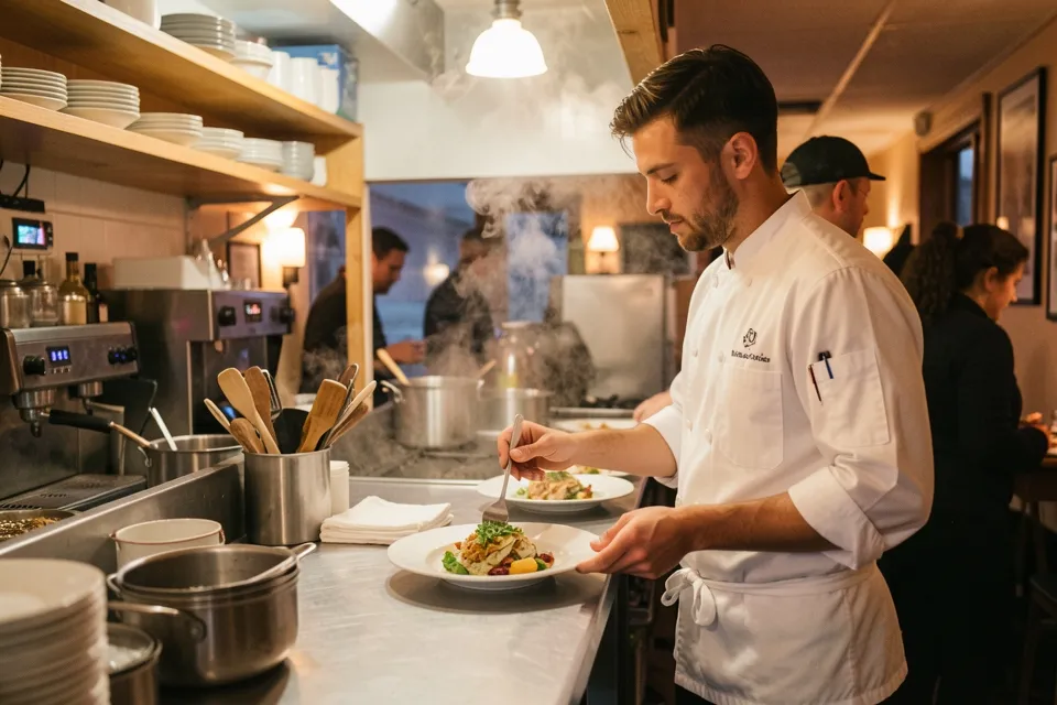 A chef plating a dish in a small restaurant