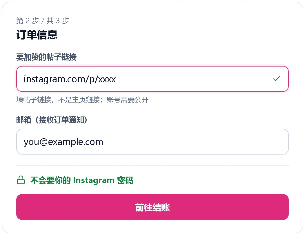 只需填写帖子链接和邮箱的下单表单示意图