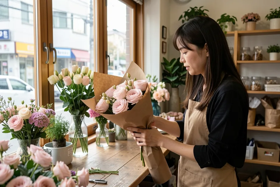 花艺师在花店柜台包扎花束