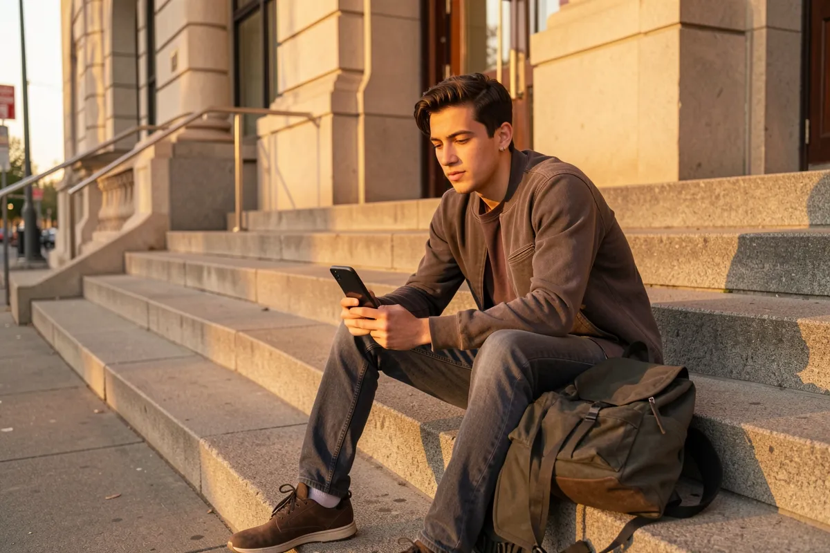 A young man sitting on steps holding a phone with the screen off
