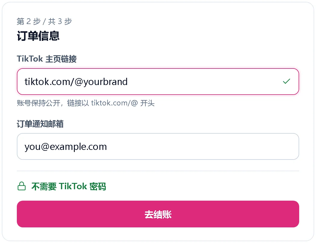 填写 TikTok 主页链接和邮箱的下单表单示意图