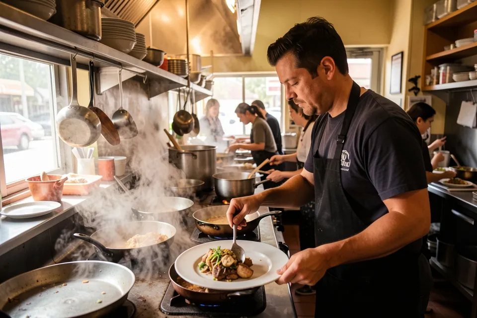 A restaurant owner plating a dish in a kitchen