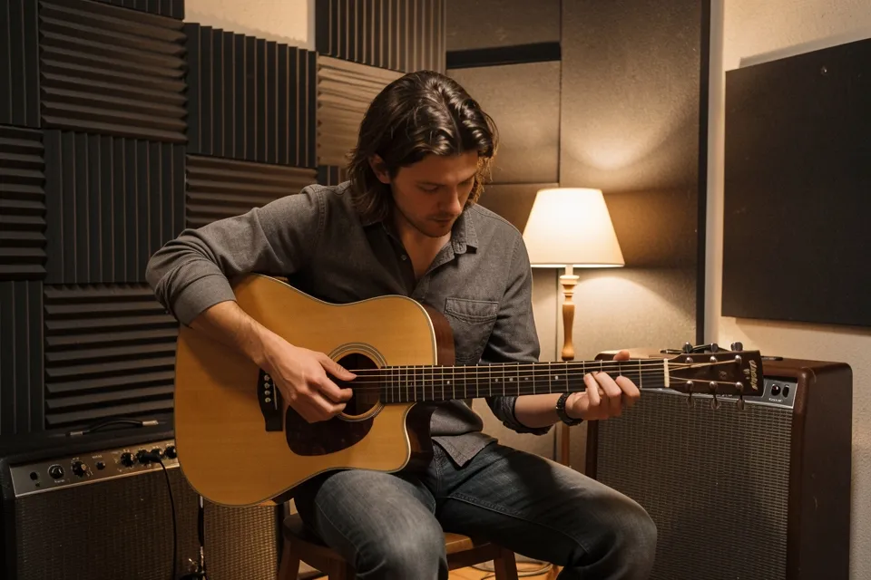A musician playing guitar in a rehearsal room