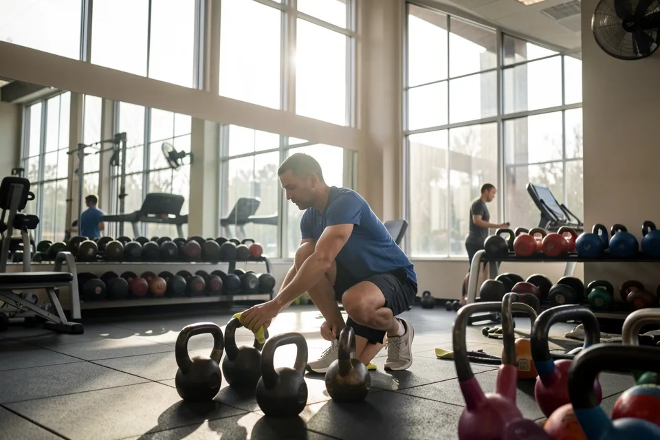 A fitness coach tidying equipment in a gym