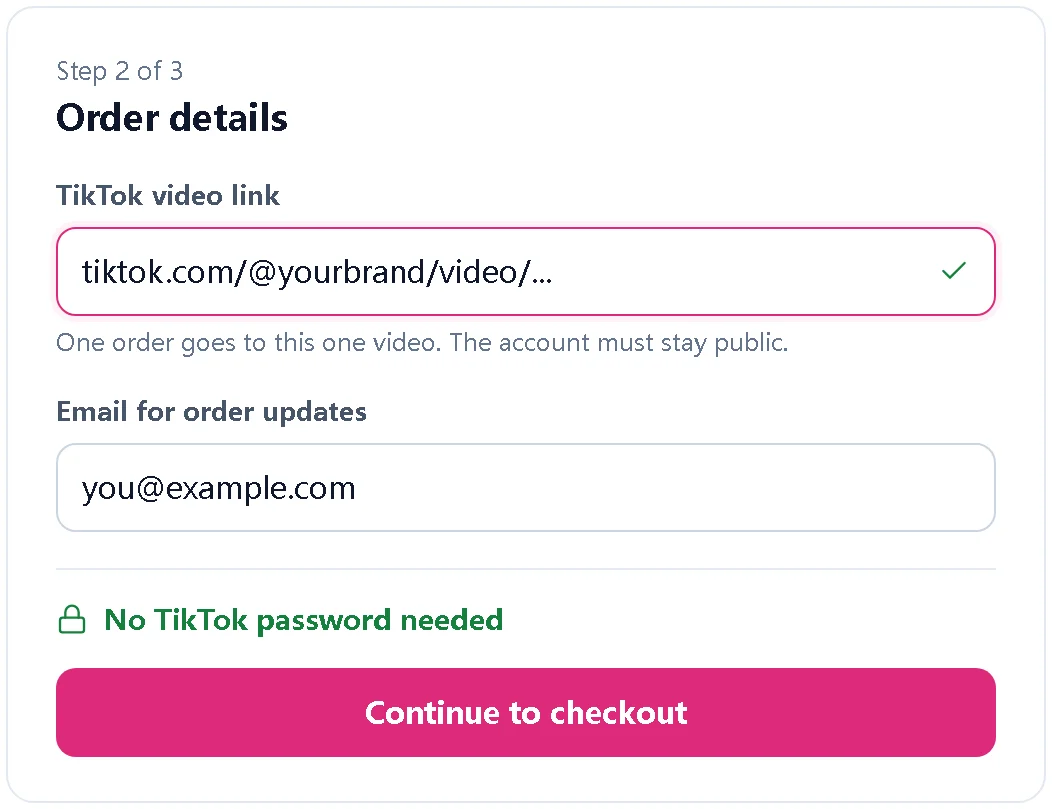 Illustration of an order form asking for a TikTok video link and an email