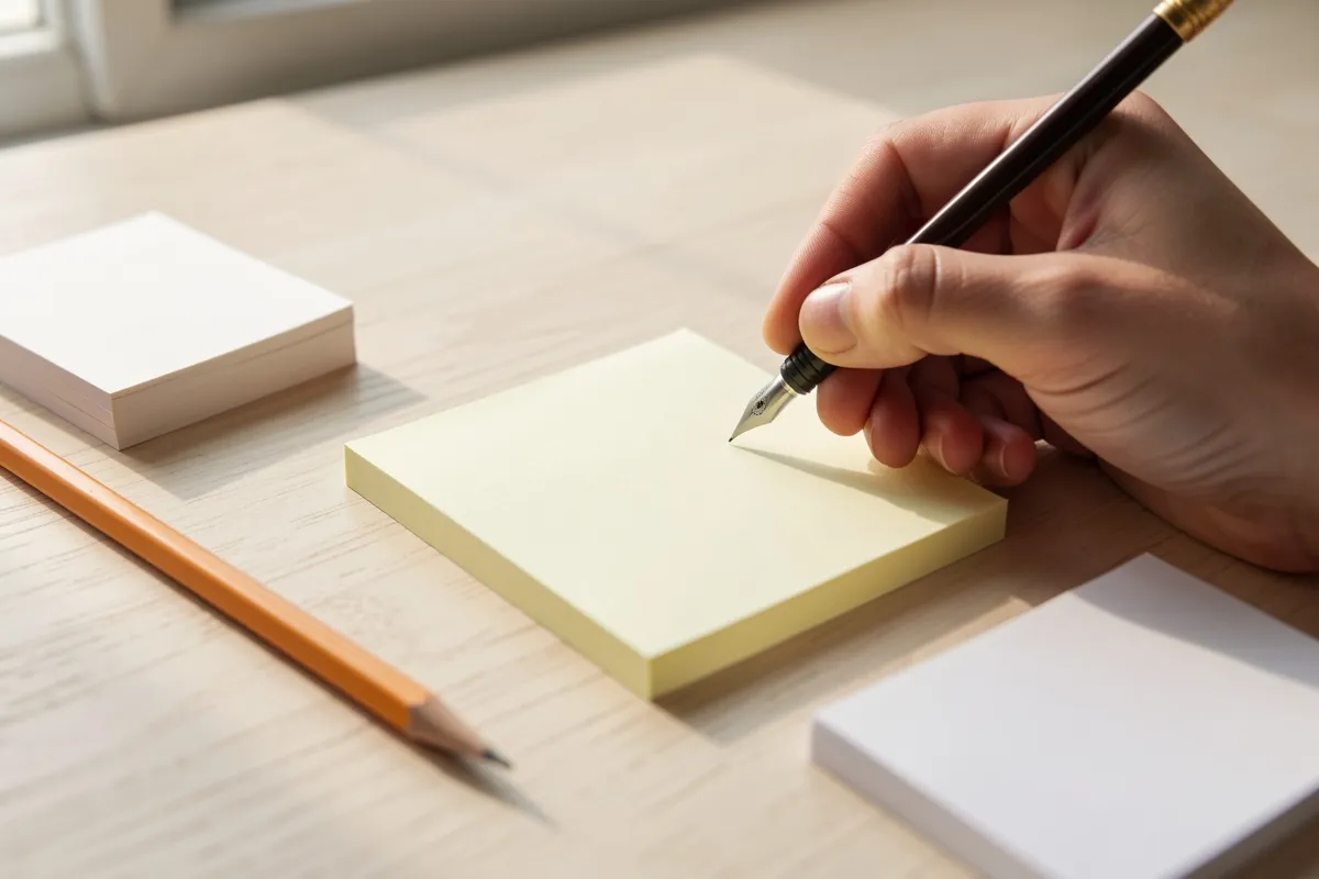 A hand writing on blank sticky notes at a desk