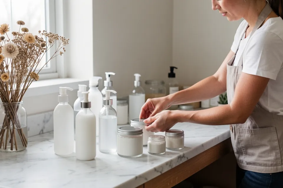 A skincare founder arranging bottles on a worktop